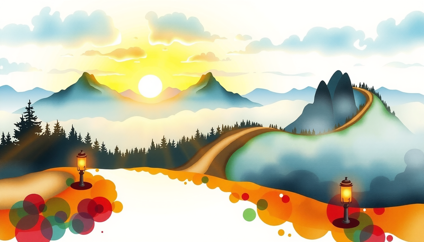 Winding path at dawn with glowing markers and distant mountains.