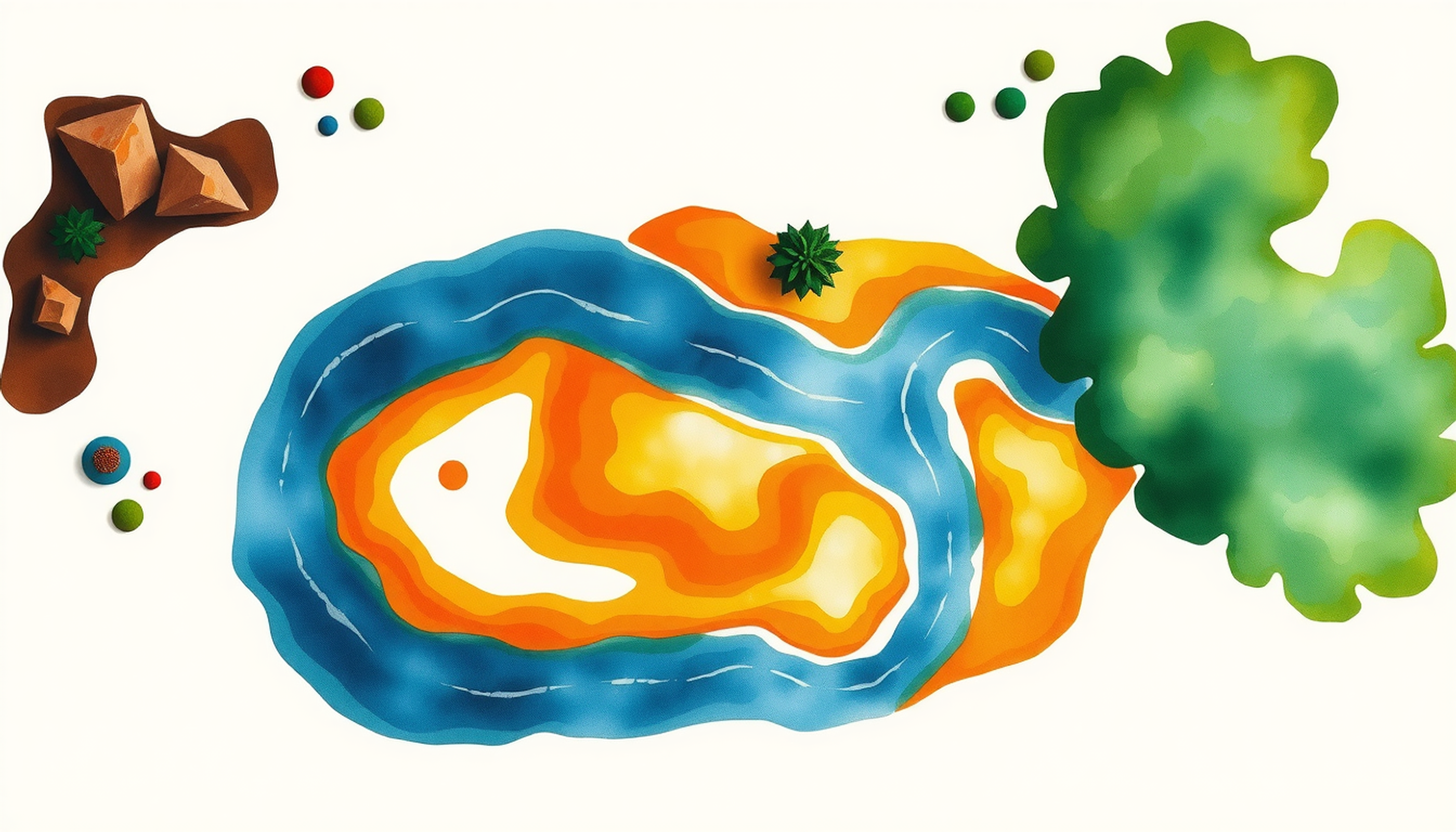 Watercolor painting of a river flowing from desert to lush forest.