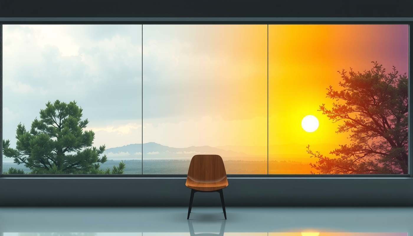 Large window revealing a shifting landscape of stormy blues to warm golds.