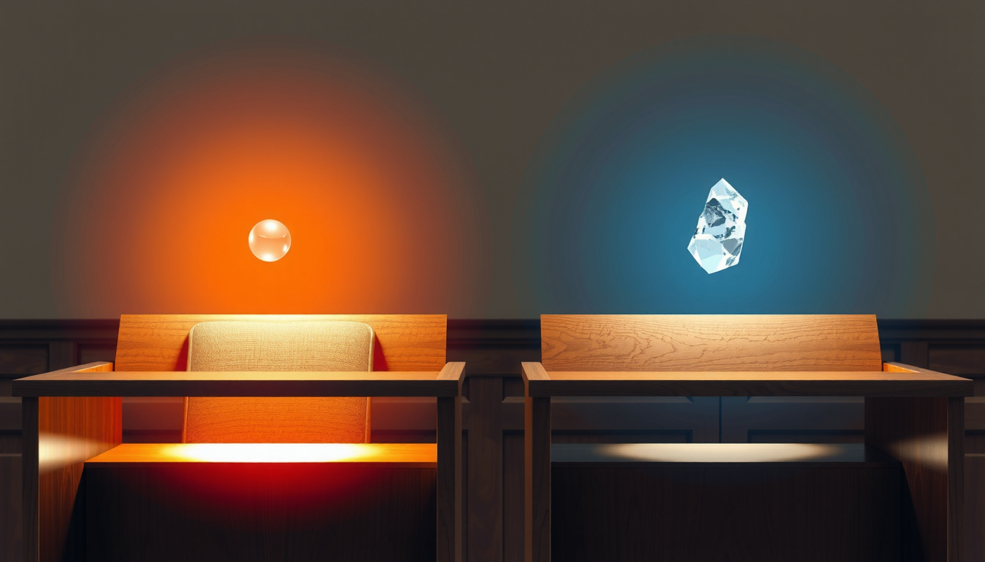 Two witness stands in contrasting warm and cool lighting, illustrating mood's impact on testimony.