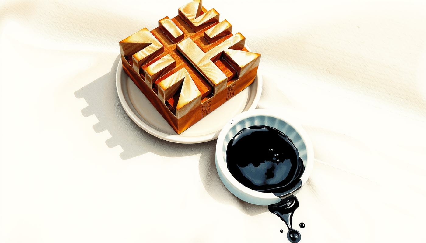 Worn wooden carving block with abstract grooves beside black ink dish.