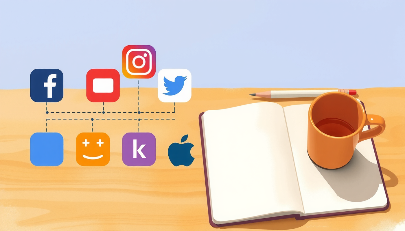 Wooden desk with colorful app icons, coffee cup, and notebook.