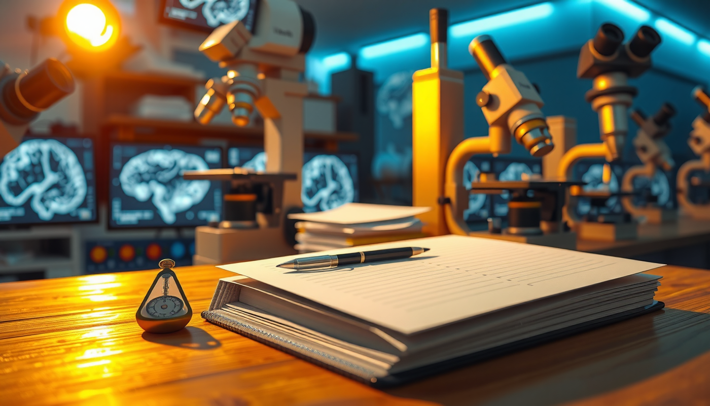 Lone wooden desk with index cards and metronome in modern lab setting.