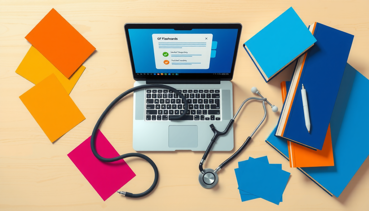 Overhead view of a wooden desk with study materials and a laptop.