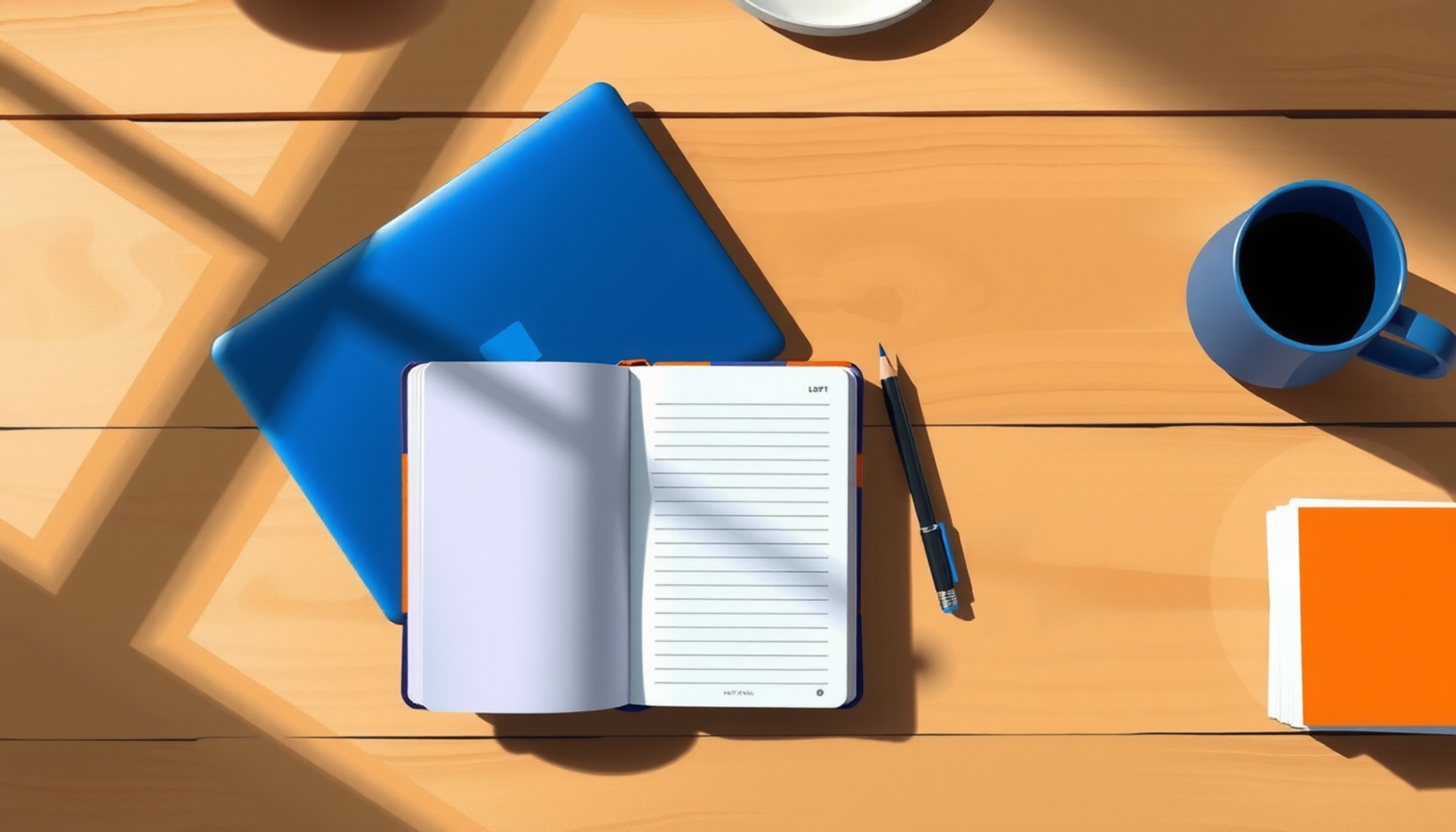 Wooden study desk with notebook, laptop, coffee mug, and soft shadows.