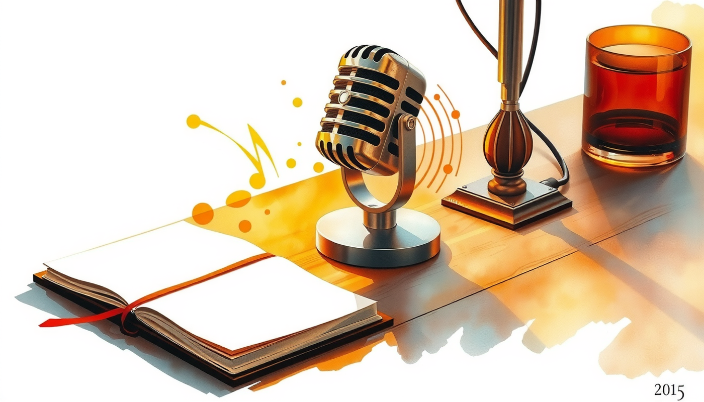 Wooden desk with journal and vintage microphone, glowing sound waves.