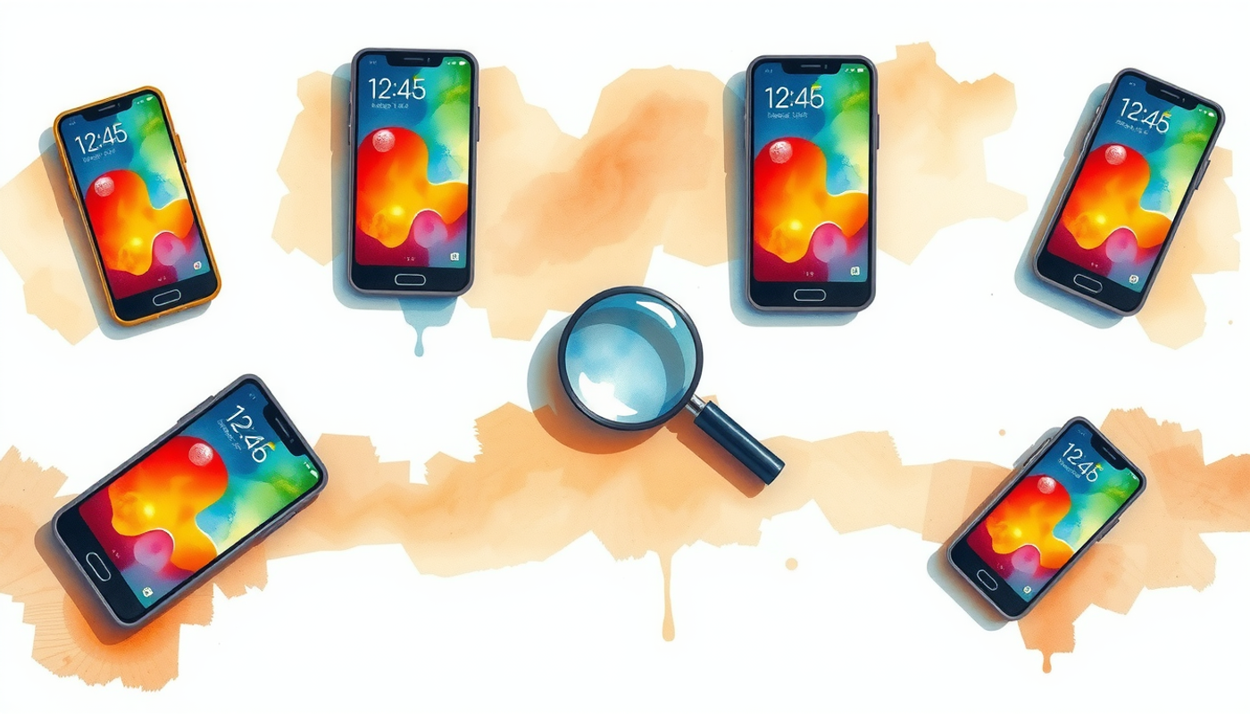 Wooden desk with smartphones and tablets displaying colorful interfaces.