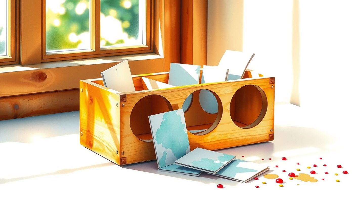 Beautiful wooden Leitner box with colorful flashcards in warm light.