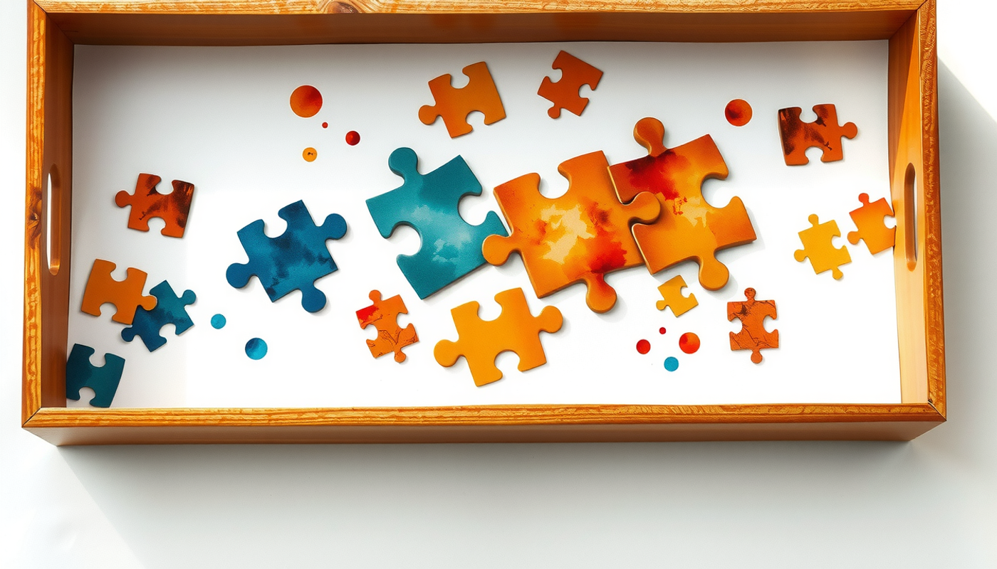 Wooden sorting tray with colorful mixed jigsaw puzzle pieces.