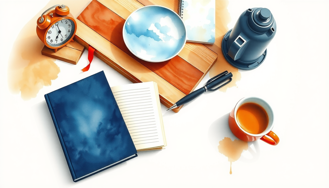 Wooden study desk with coffee, book, laptop, and index cards.