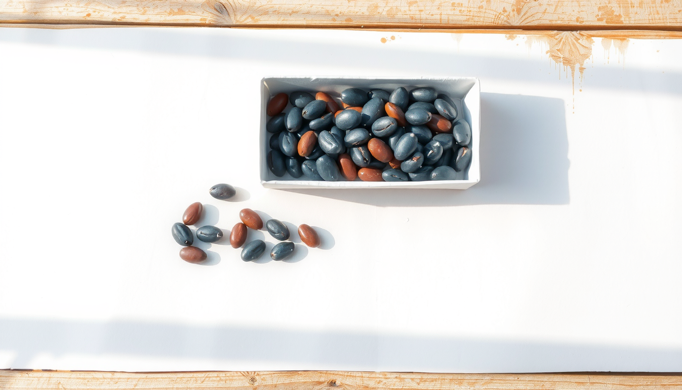 Wooden tabletop with a paper tray of dark beans and scattered beans.