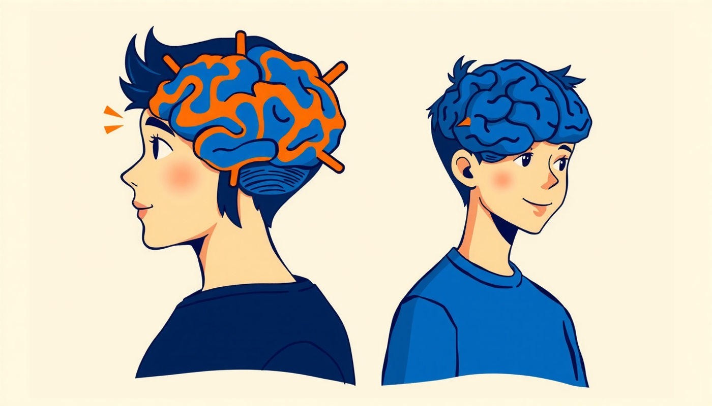 Student with glowing brain under pressure, performance diminishes in cartoon style.