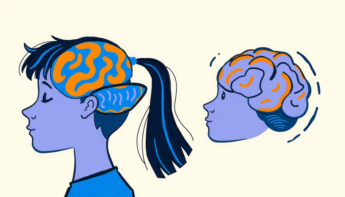 Student's glowing brain dims under pressure, illustrating performance equality.