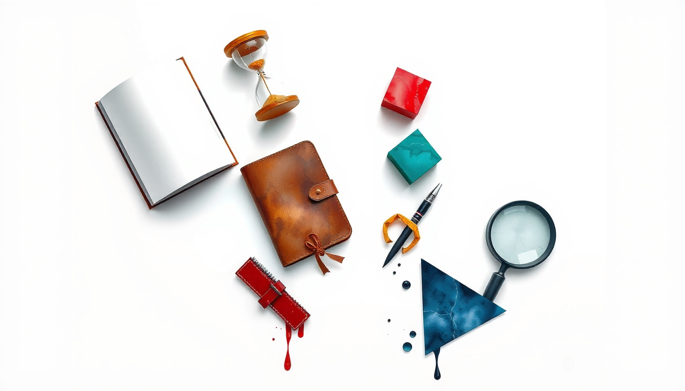 Seven unique objects arranged in a circle on a clean desk.