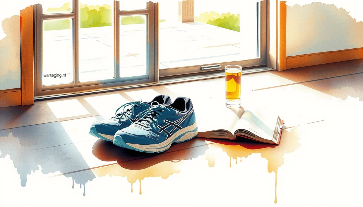 Well-worn running shoes beside a book and water glass.