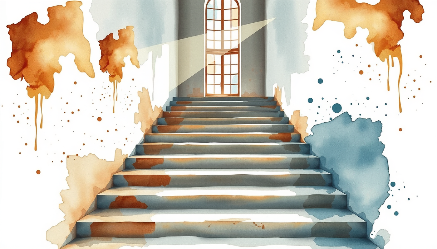 Worn stone staircase with smooth hollows, illuminated by dusty sunlight.
