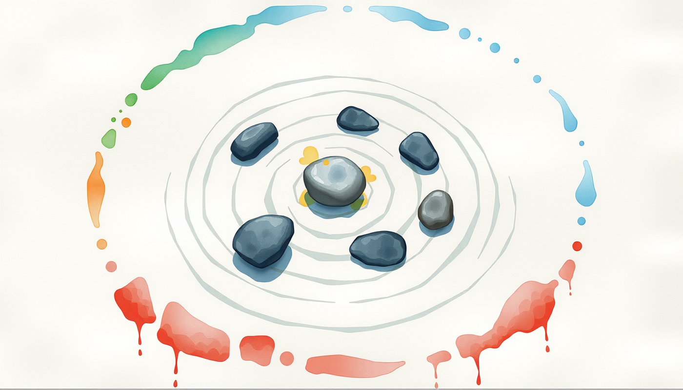 Zen garden with concentric sand patterns and eight smooth stones.